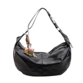 Large black half-moon hobo bag with wide strap and brown teddy bear charm accessory - With Pendant / Black