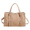 Borsa tote beige con pieghe verticali, fibbie argentate e tracolla rimovibile - Cachi