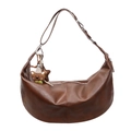 Minimalist dark brown leather crescent tote bag with a cute bear charm for daily commute - With Pendant / Brown