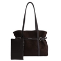 Dark brown suede tote bag with matching zippered pouch and white contrast stitching - Brown