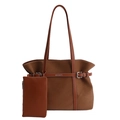 Brown tote bag and pouch set in soft faux suede with white stitching and silver buckle - Caramel color