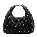 Borsa a tracolla nera plissettata in pelle con strass brillanti e dettagli in metallo - Nero