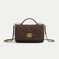 Quilted cross-body bag in dark coffee caviar leather with chain strap and gold hardware - Coffee