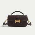 Dark brown retro textured leather handbag with gold metal buckle and crossbody strap - Brown