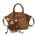 Brown textured leather bucket bag with top handle, metal lock, and bear charm accessory - With Pendant / Brown