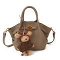 Taupe lychee leather pea bag with golden clasp and cute teddy bear charm pendant - With Pendant / Gray