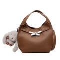 Sac seau en cuir grainé marron avec boucle nœud argentée et breloque lapin - Avec Pendentif / Marron