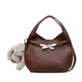 Dark brown pebble leather bucket bag with silver twist lock and plush bunny charm - Brown