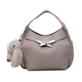 Taupe pebbled leather bucket bag with silver buckle and plush rabbit keychain - Gray