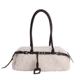 Chic cream white faux fur tote bag with dark brown leather straps and metal buckle - 33*10*15 / White