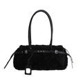 Chic black plush tote bag with faux leather strap details and silver buckle accents - 33*10*15 / Black