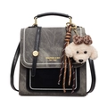 Retro grey denim tote bag with black suede panels and cute puppy plush charm accessory - With Pendant / Black