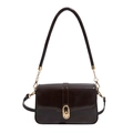 Glossy dark brown underarm bag with gold metal clasp and chain strap on white background - Brown