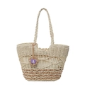 Sac à main minimaliste en paille tressée avec anses et pendentif papillon violet - Blanc Cassé