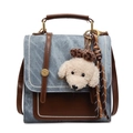 Blue denim and brown leather handbag with a cute plush dog pendant and shoulder strap - With Pendant / Blue