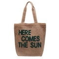 Strohtasche mit grünem Here Comes The Sun Stickerei für den Sommerurlaub am Strand - Khaki