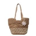 Sac cabas en paille tissé avec rayures blanches et pendentif fleur papillon - Khaki
