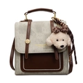 Vintage grey canvas backpack with brown leather trim and cute puppy charm accessory - With Pendant / Grey and Coffee