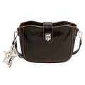 Chic black wrinkled patent leather saddle bag with brown trim and star heart charms - Black