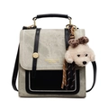 Vintage sage green denim and black leather handbag with a plush puppy charm - With Pendant / Grey and Black
