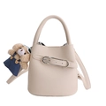 Beige faux leather bucket bag with litchi texture and a cute brown plush bear charm - With Pendant / White