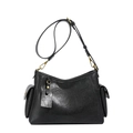 Classic black leather shoulder bag with side flap pockets and vintage gold hardware - Black