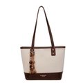 Retro tweekleurige crème en bruine shopper met kralenhanger en leren riemen - Met Hanger / Broken Wit