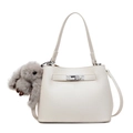 Minimalist white litchi leather bucket bag with silver buckle and plush rabbit charm - With Pendant / Off White