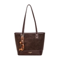 Vintage donkerbruine shopper met contraststiksels en decoratieve houten kralen - Met Hanger / koffiekleur