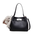 Minimalist black lychee leather bucket bag with silver lock and plush rabbit charm - With Pendant / Black