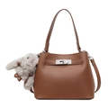 Brown litchi grain leather bucket bag with silver lock and grey rabbit plush pendant - With Pendant / Brown