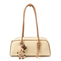 Borsa bowling beige chic con cinturini marroni e ciondolo a forma di orso - Con Ciondolo / Bianco Sporco