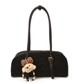 Borsa tote Boston nera in pelle scamosciata con dettagli oro e ciondolo a orso - Con Ciondolo / Nero
