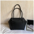 Black pebbled calfskin leather tote bag with long handles for office and daily commute - Black