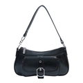 Elegante borsa baguette in pelle verniciata nera con grande fibbia in metallo argentato - Nero