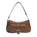 Borsa baguette in pelle lucida marrone scuro con fibbia argento e tracolla larga - Marrone