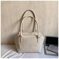 Minimalist beige large capacity tote bag in lychee pattern leather with dual straps - White