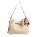 Beige litchi leather bucket bag with top handle and cute plush bunny charm - No Pendant / Off White