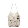 Borsa a spalla in maglia beige con perline in legno e nappe in stile bohémien - Bianco Sporco