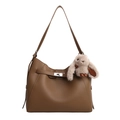 Brown litchi leather hobo bucket bag with silver buckle and plush rabbit charm - No Pendant / Gray