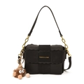 Sac carré noir en cuir et daim avec bandoulière chaîne dorée et breloque en peluche - Noir