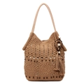 Borsa tote in crochet kaki con motivi floreali e nappa di perline in legno scuro - Cachi