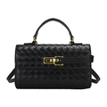 Black woven leather tote bag with classic texture and gold hardware clasp details - Black