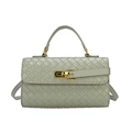 Sage green woven leather handbag with a rectangular gold metal clasp and a top handle - Green