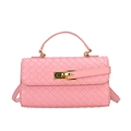 Pink woven texture handbag with golden metal lock and crossbody strap for women - Pink