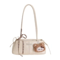 Borsa Boston rettangolare beige con spalline sottili e ciondolo a gatto in peluche - Bianco Sporco
