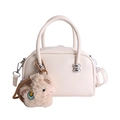 Cream white vintage Boston bag with thick handles and a cute plush alpaca charm - With Charm / White