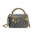 Elegant grey velvet quilted box bag with gold clover logo and chain shoulder strap - Gray