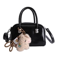 Minimalist black patent leather baguette bag with a cute alpaca plush keychain - With Charm / Black