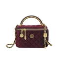 Vintage burgundy velvet quilted vanity bag with top handle and gold floral hardware - Burgundy